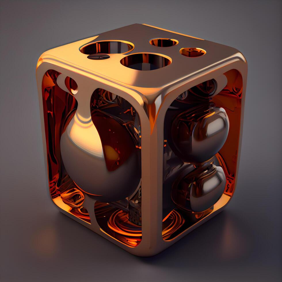 3D render of a golden dice on a dark background with reflections, Image photo