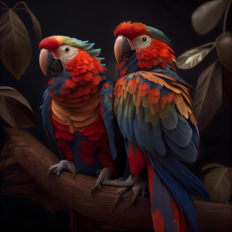 Two macaws sitting on a tree branch. Illustration on black background ...