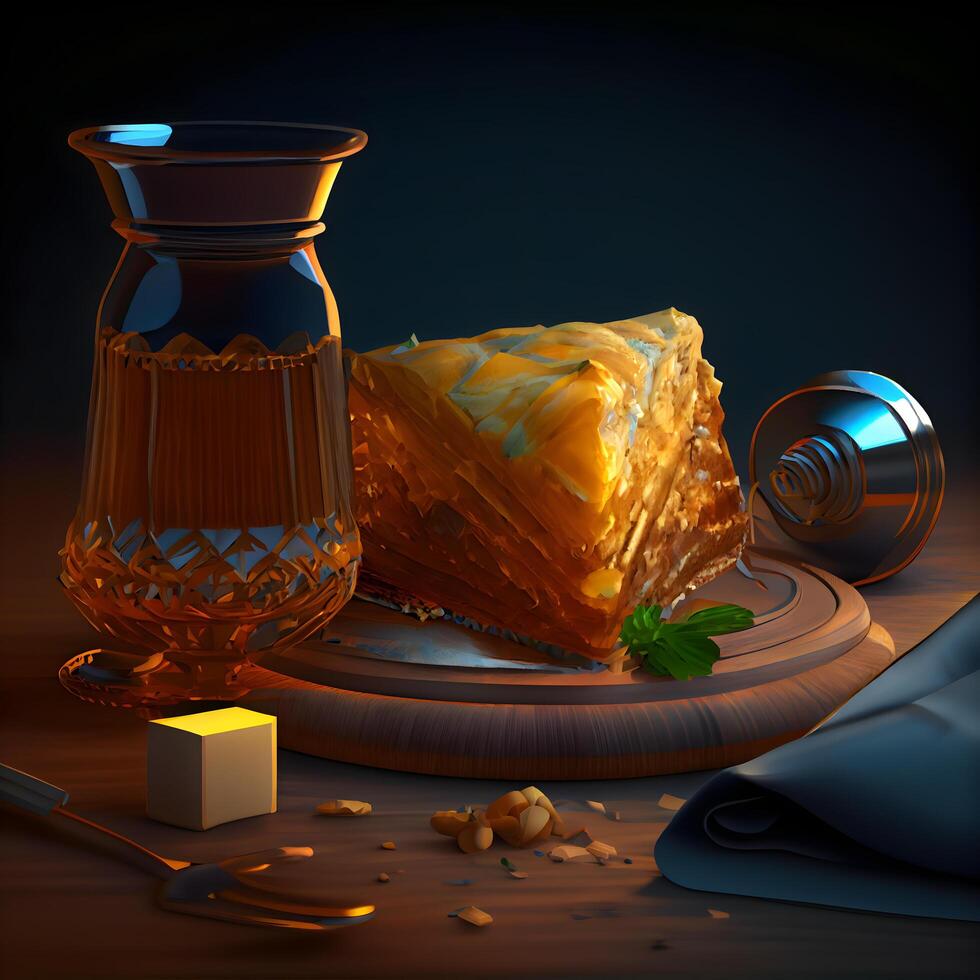Piece of honey cake on the wooden table. 3D rendering, Image photo