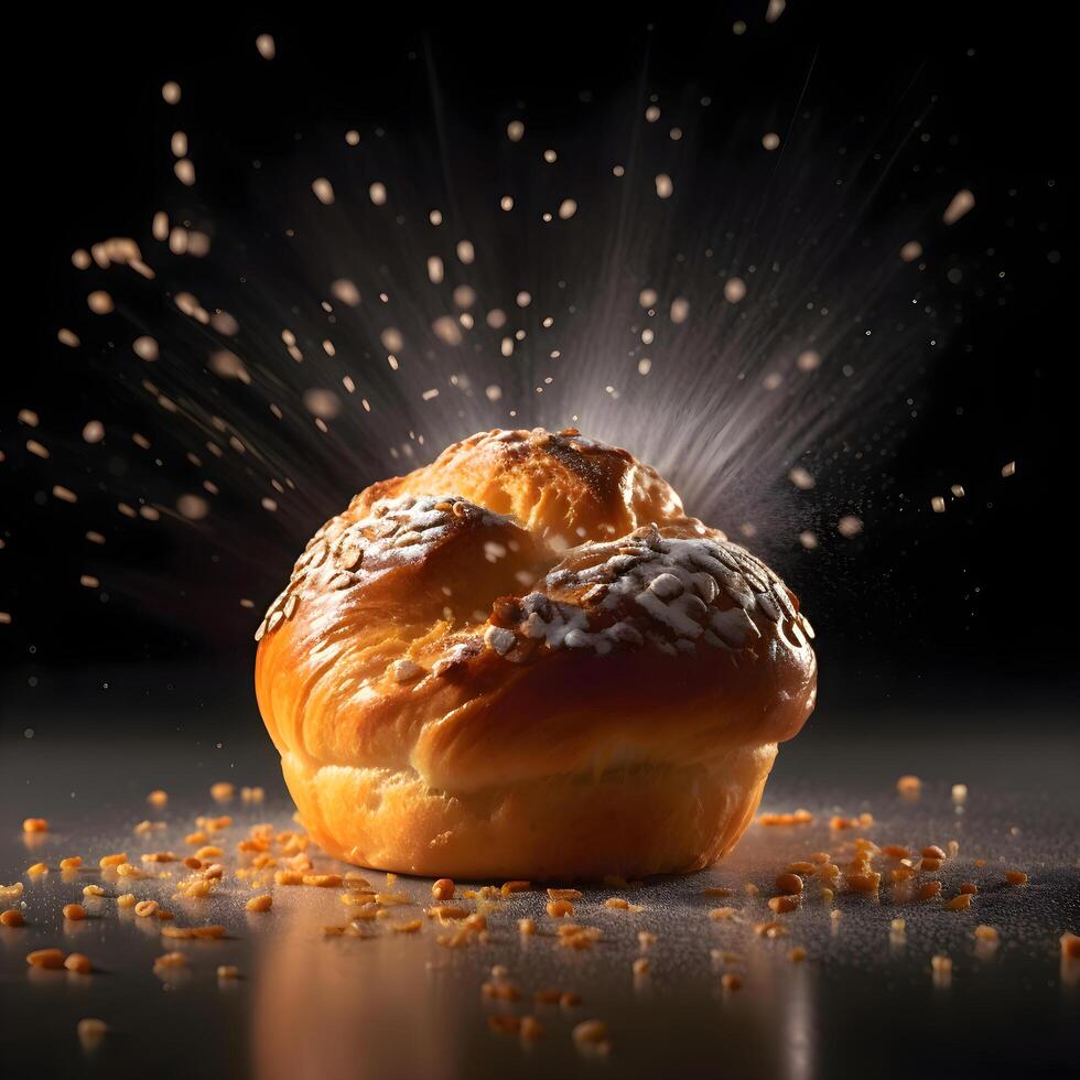 Bagel with sesame seeds flying in the air on a black background, Image photo