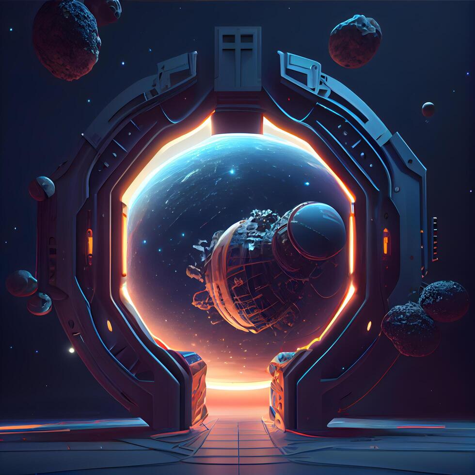 Space futuristic interior with spaceship and planets. Futuristic illustration., Image photo