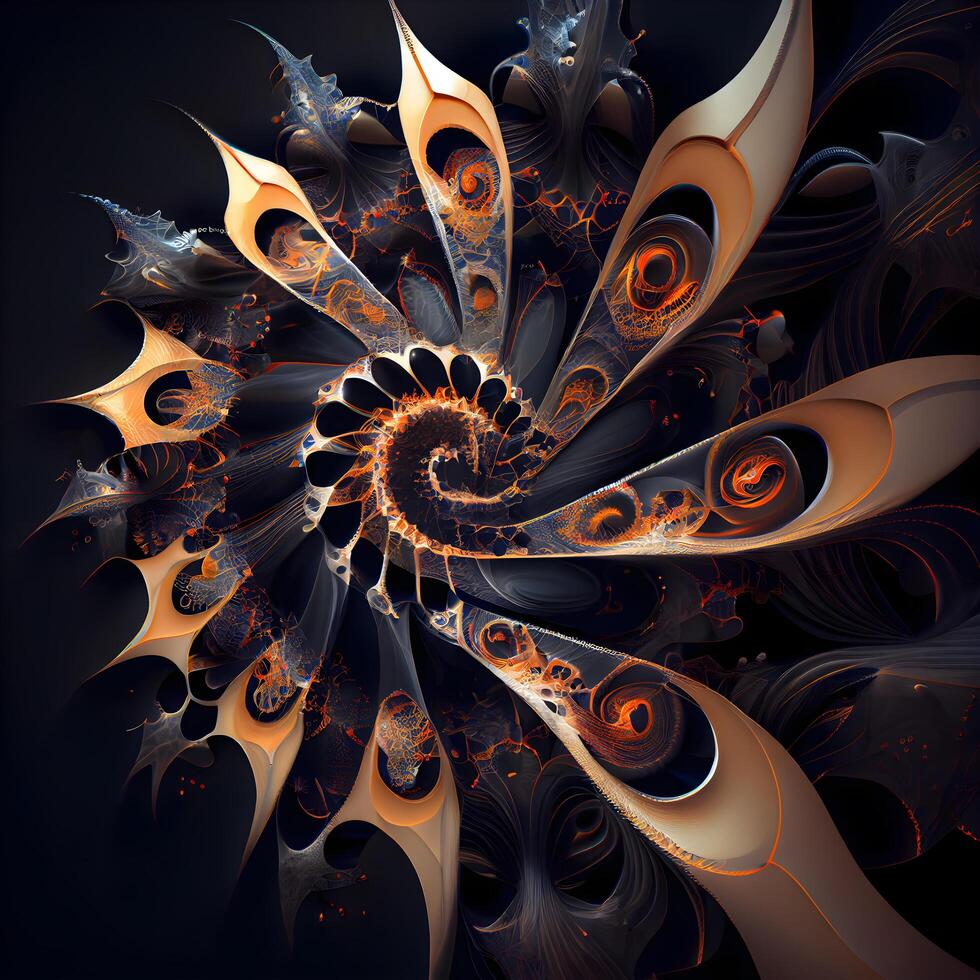 Abstract fractal computer generated composition with spiral shapes and floral elements. Fractal art for creative design, Image photo