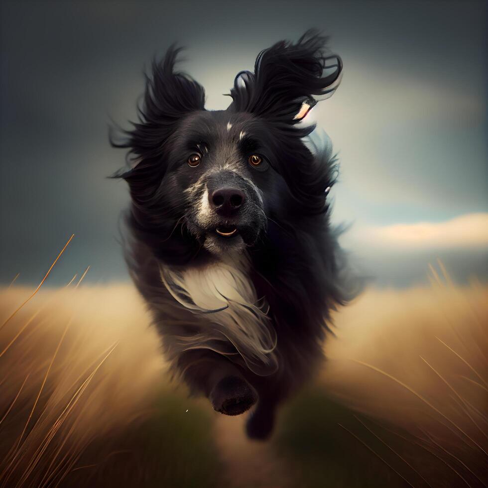 Black and white border collie jumping in the field. 3D rendering, Image photo