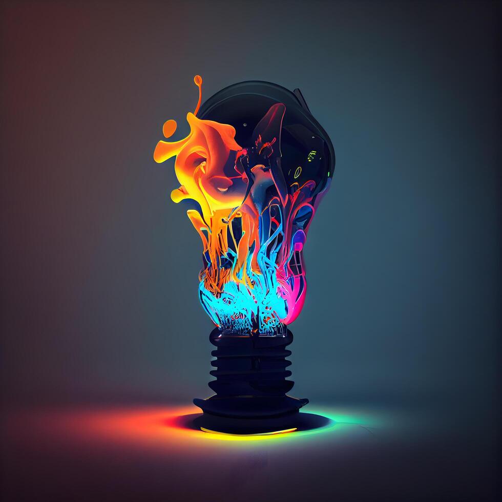 Glowing light bulb with colorful ink splashes isolated on dark background, Image photo