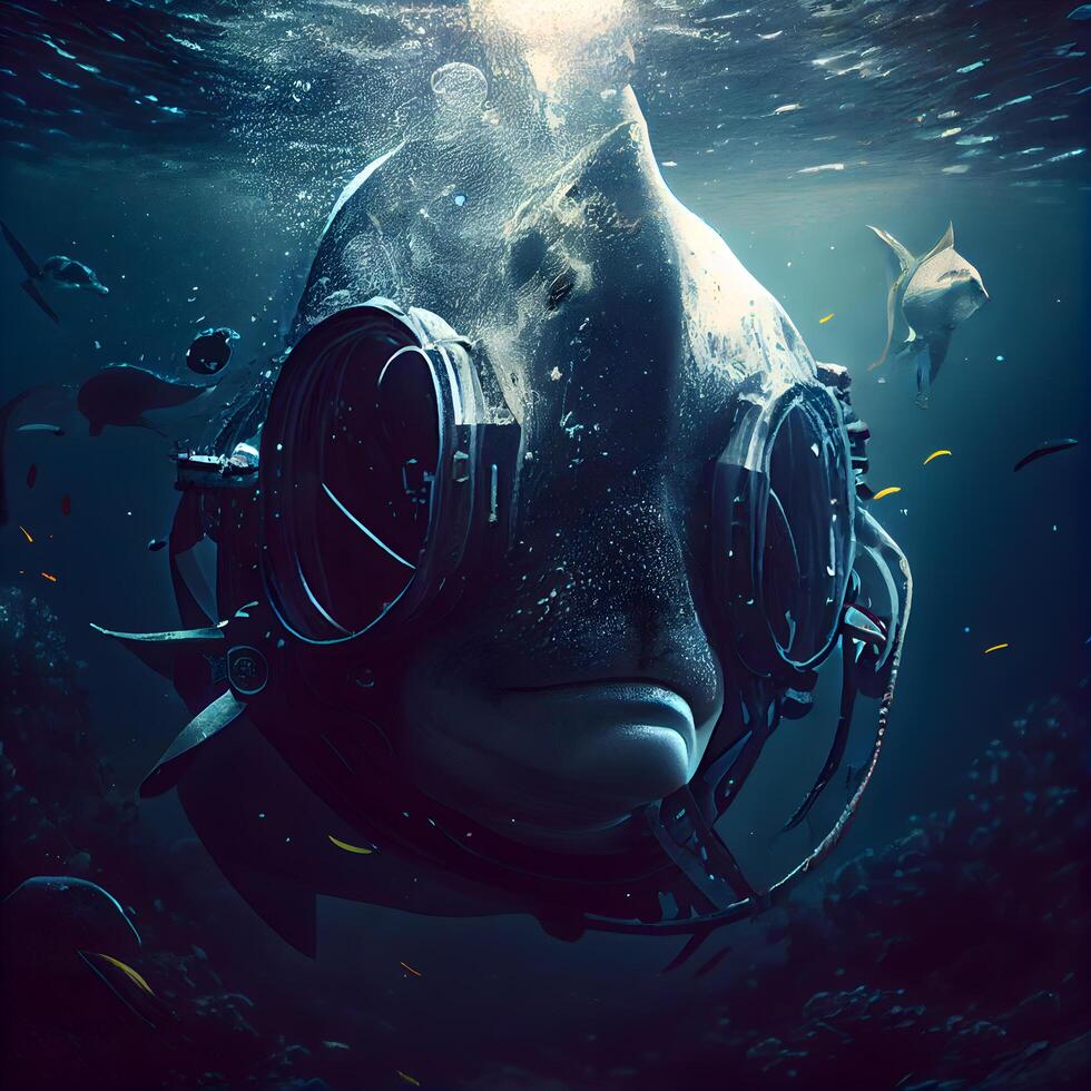 grande ballena en el océano. submarino mundo. 3d representación, ai generativo imagen foto