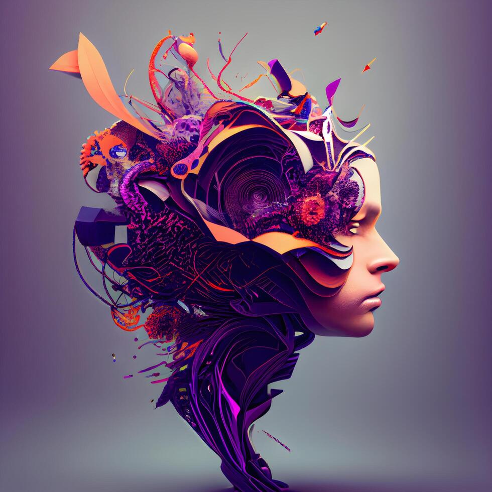 Artistic 3D illustration of a female face with abstract hairstyle., Image photo