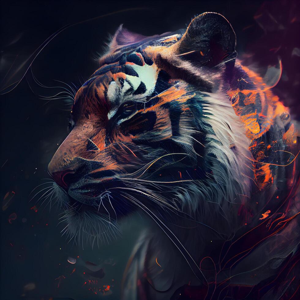 Tiger portrait with fire effect. Digital painting. Fantasy illustration., Image photo