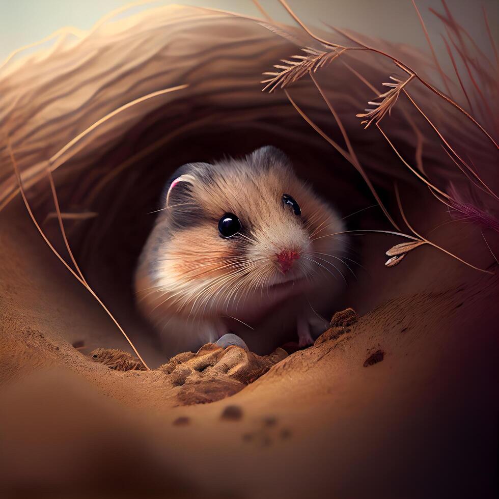 Hamster in a burrow in the desert. 3d rendering, Image photo
