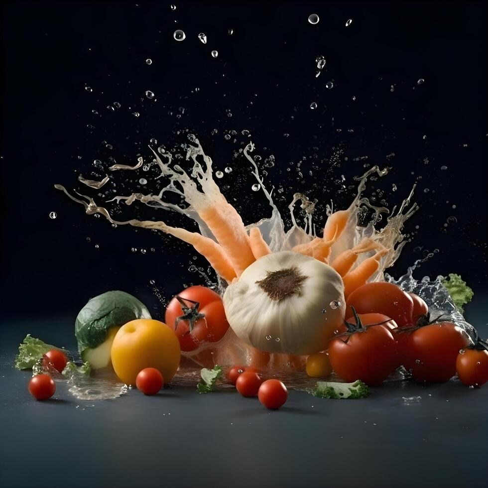 Fresh vegetables falling into water with splash on black background. Healthy food concept., Image photo