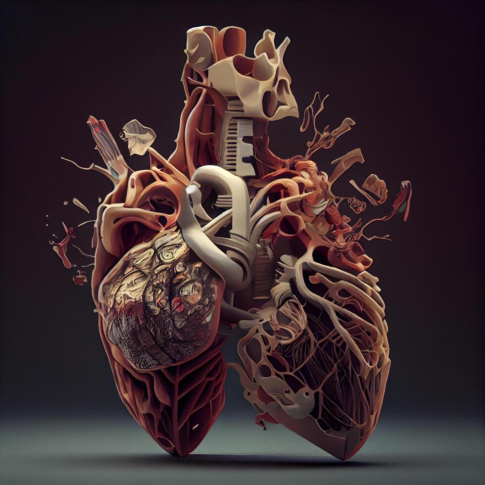 humano corazón anatomía en un oscuro antecedentes. 3d hacer ilustración., ai generativo imagen foto