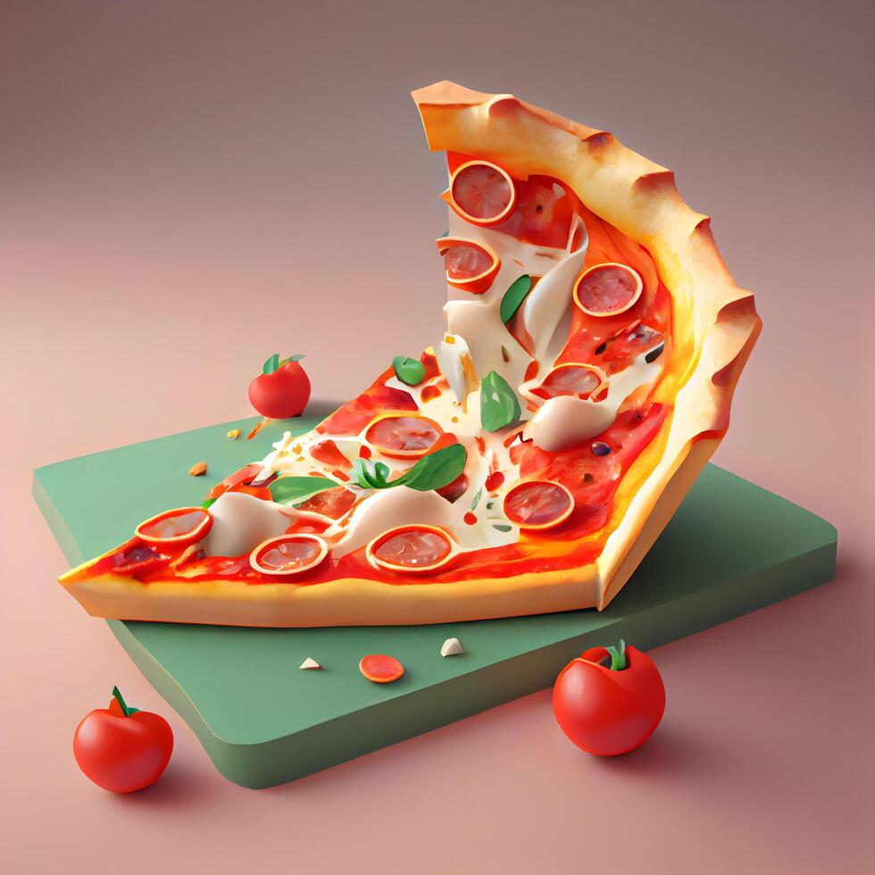 Pizza slice with tomato and mozzarella cheese 3d illustration, Image photo