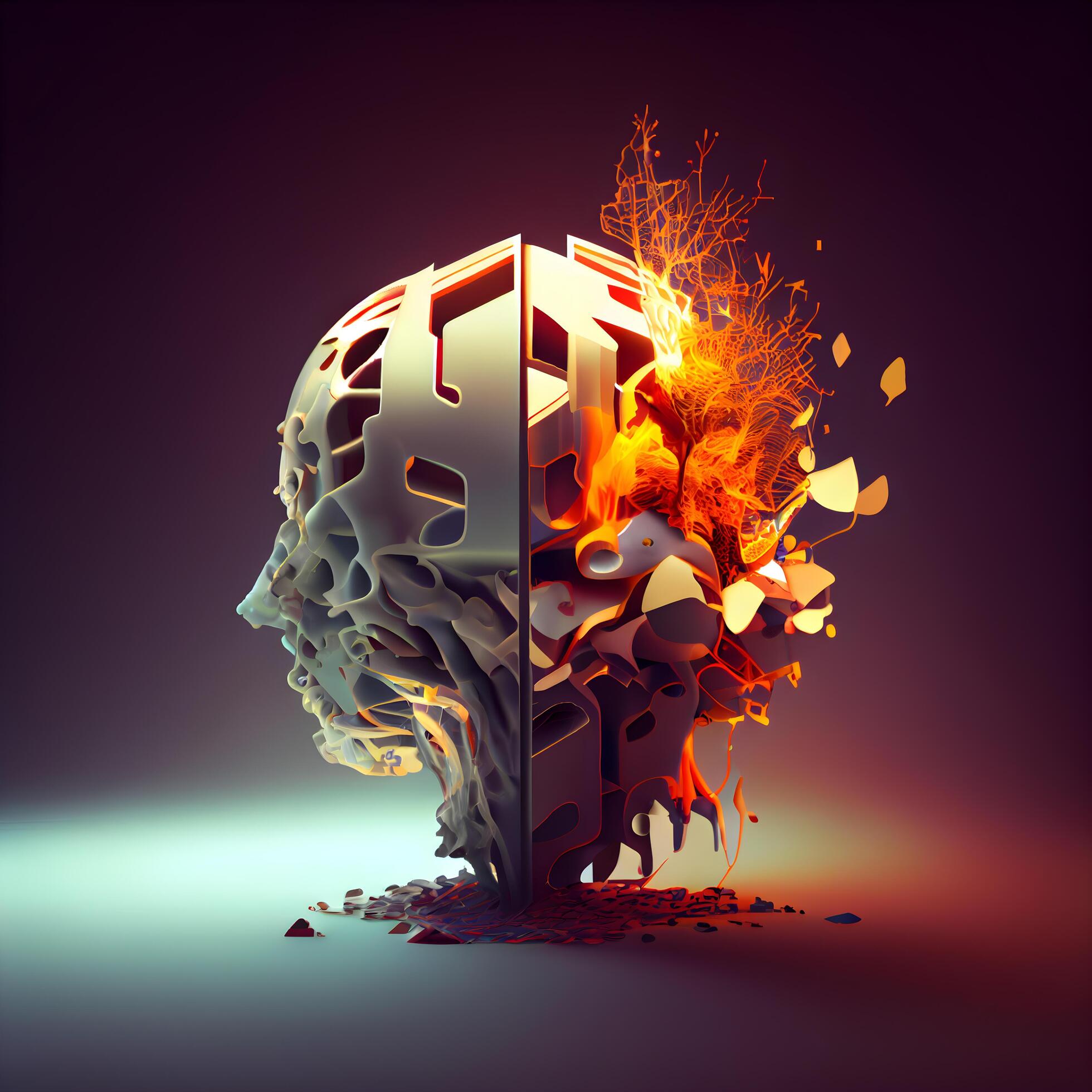 Burning brain in fire. 3d rendering, 3d illustration., Ai Generative