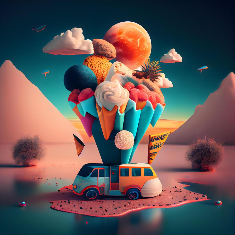 3d rendering of an ice cream with a van in the desert, Image photo