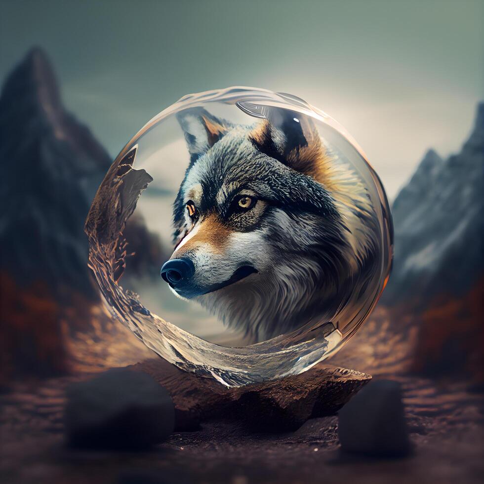 Fantasy portrait of wolf in a crystal ball. 3d rendering, Image photo