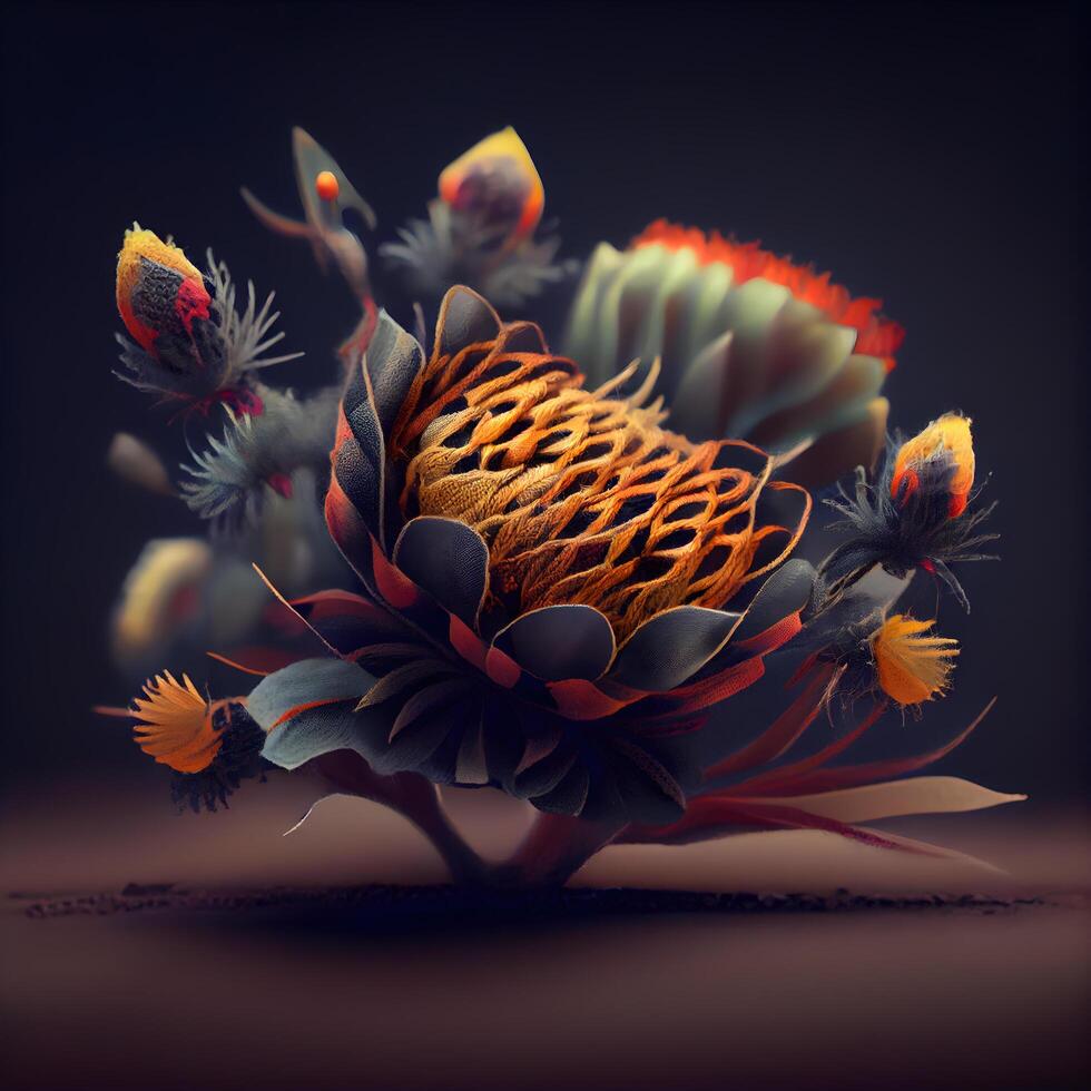 Fantasy flower made of flowers and leaves. 3D illustration., Image photo