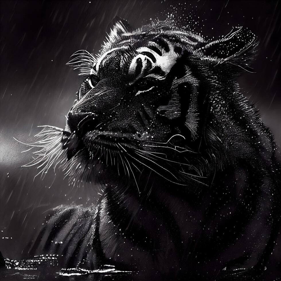 Tiger in the rain. Black and white image. Digital painting., Image photo