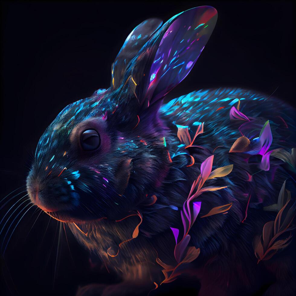 Digital painting of a hare in a dark space with colorful lights, Image photo