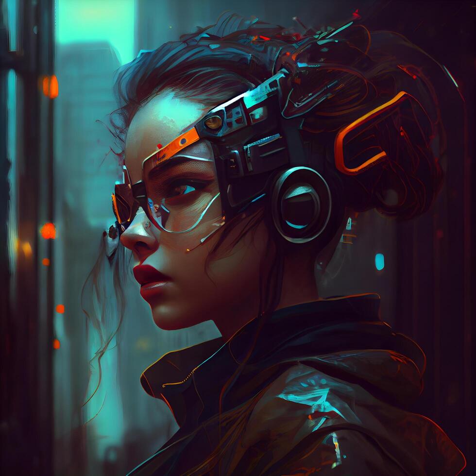 Portrait of a futuristic woman with futuristic glasses. Sci fi style., Image photo