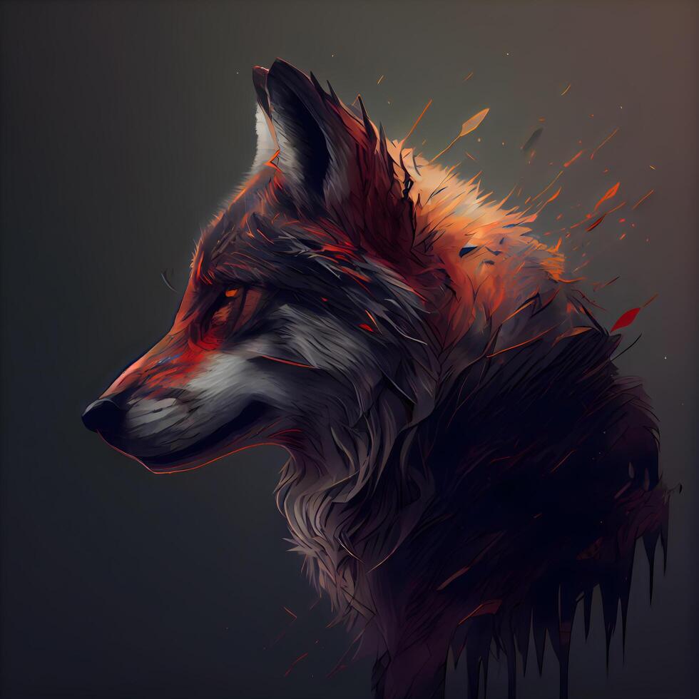 Illustration of a wolf in fire on a dark background, digital painting, Image photo
