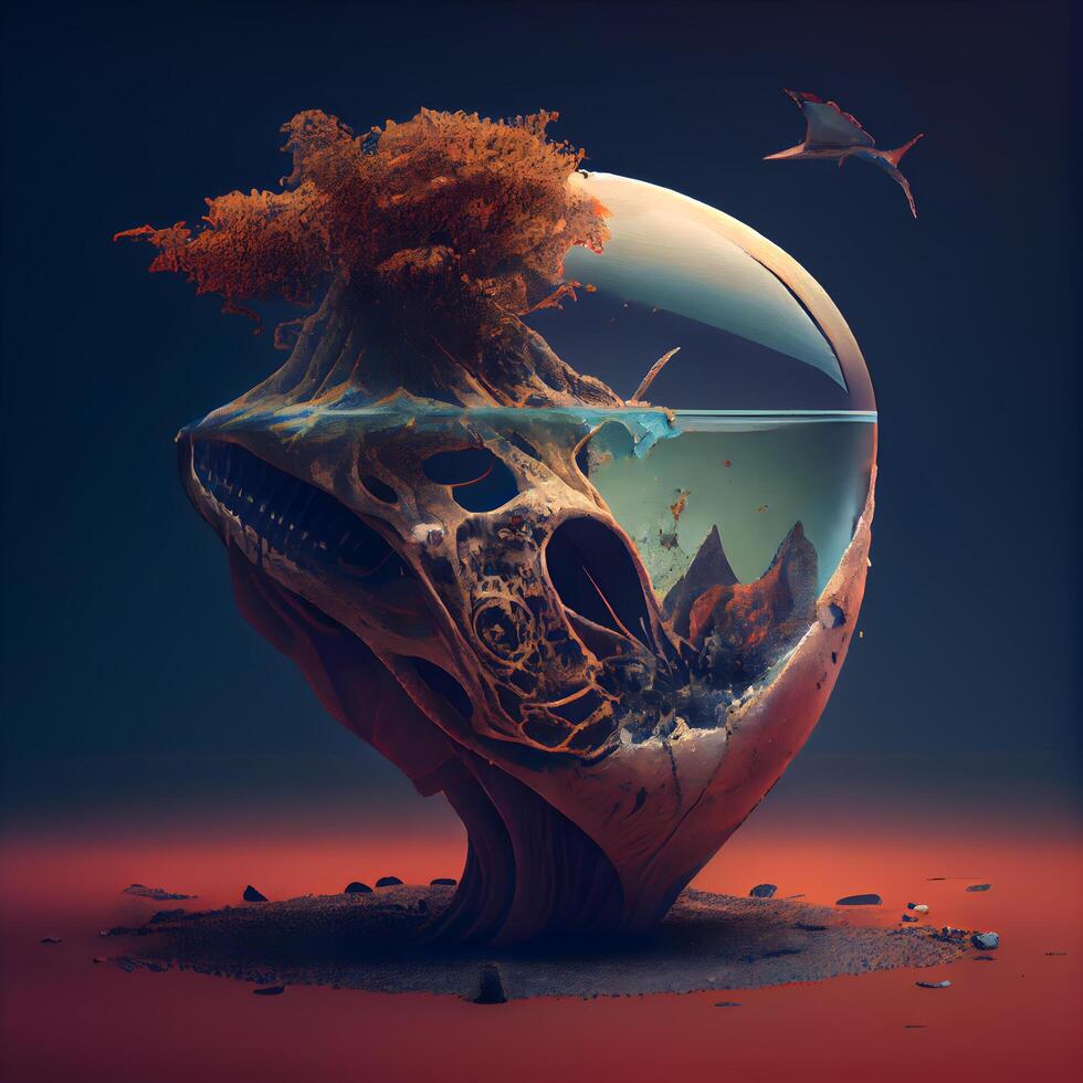 Fantasy illustration of an alien skull in a water world. 3d rendering, Image photo