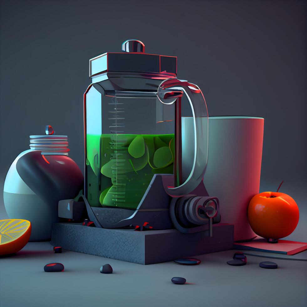 Cocktail shaker with broken glass on dark background. 3d illustration, Image photo
