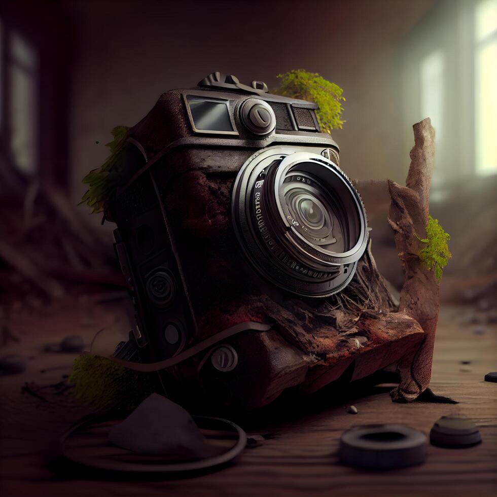 Old camera on a wooden table in an old room. 3d rendering, Image photo