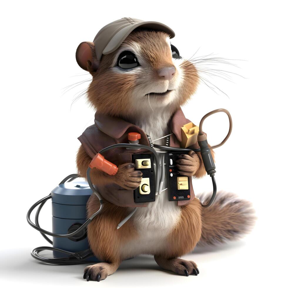 3D rendering of a cute squirrel with a plumber's tools, Image photo