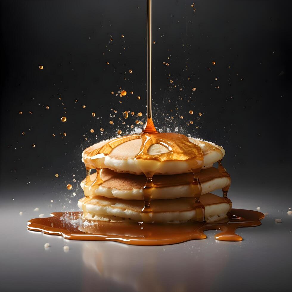 Pancakes with honey and maple syrup falling on a black background, Image photo