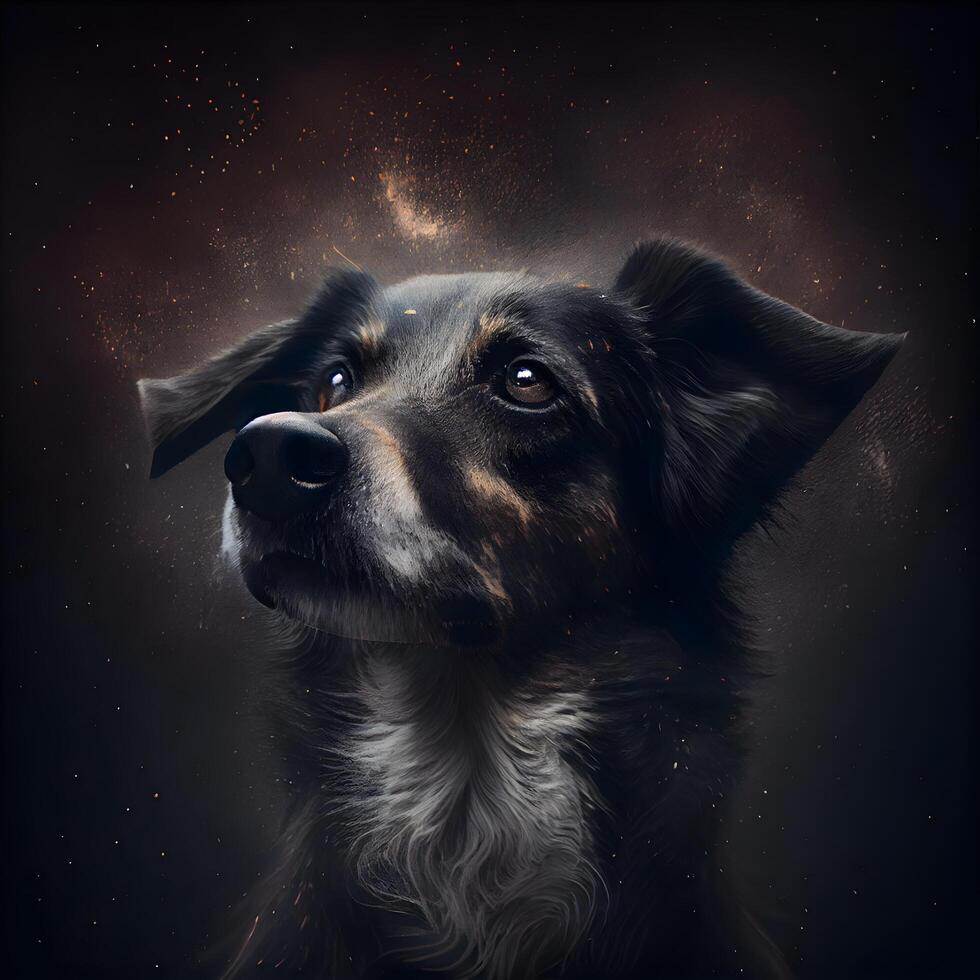 Dark portrait of a dog on a dark background with stars and smoke, Image photo