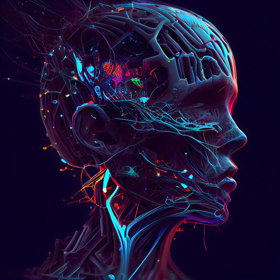 3D rendering of a female head with brain and nervous system., Image photo