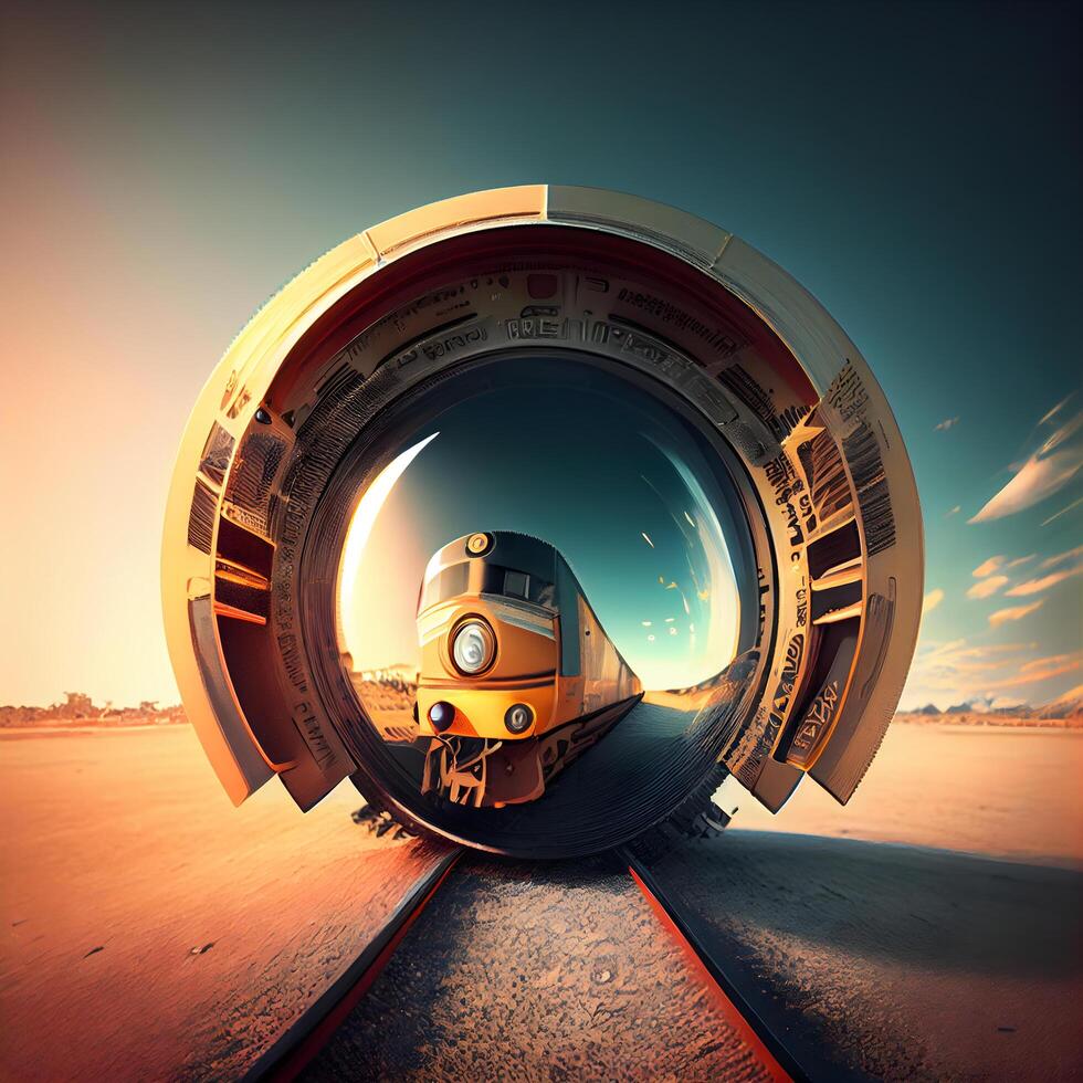 Train on the road at sunset. Travel concept. 3D rendering, Image photo