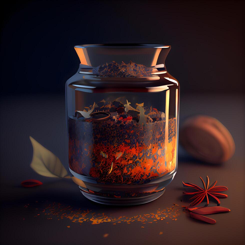 Glass jar with honey on a dark background. 3d rendering., Image photo