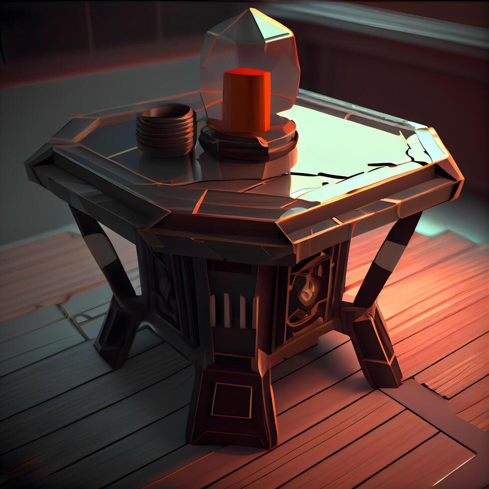 3d illustration of a table with a lamp and two cups of tea, Image photo