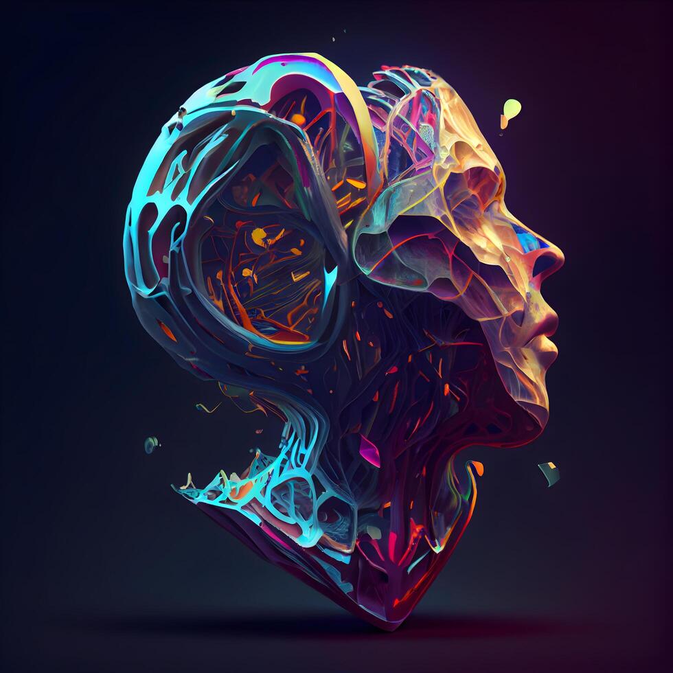 Abstract colorful human skull on dark background. 3d render illustration., Image photo
