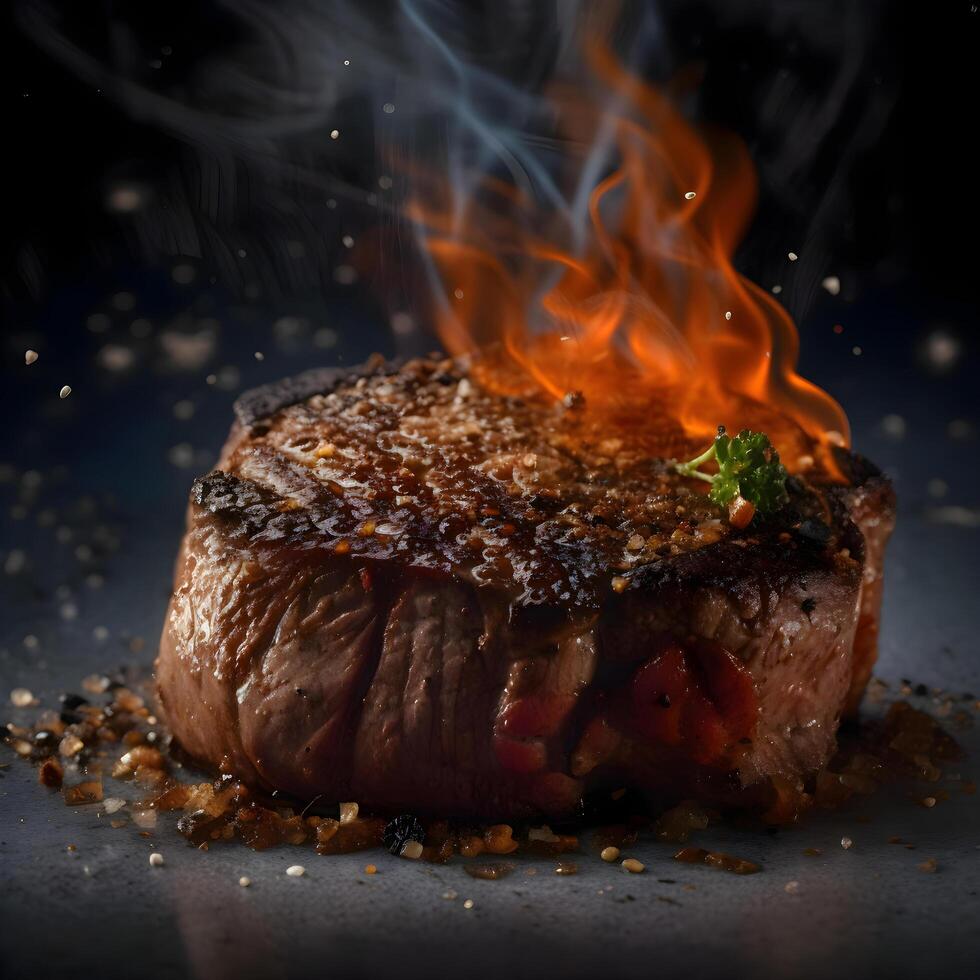 Grilled beef steak on a black background with smoke and red pepper, Image photo