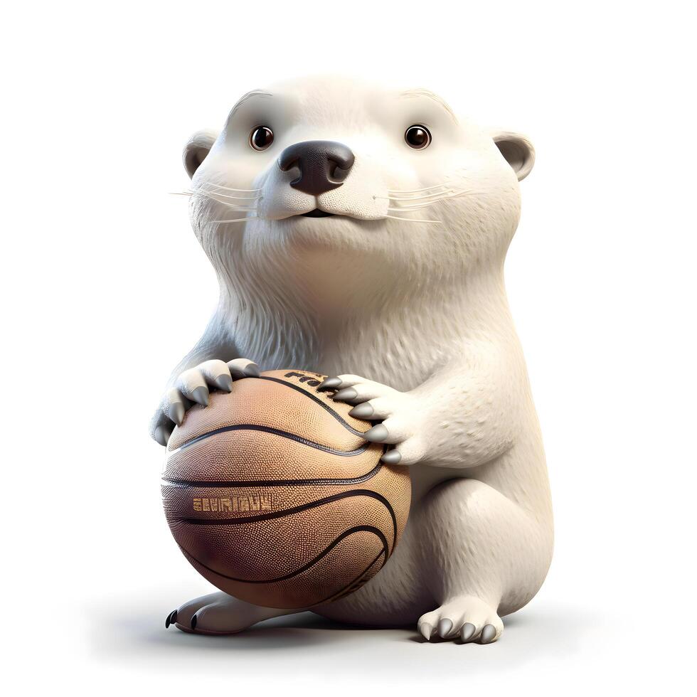 White polar bear with basketball isolated on white background. 3D illustration., Image photo