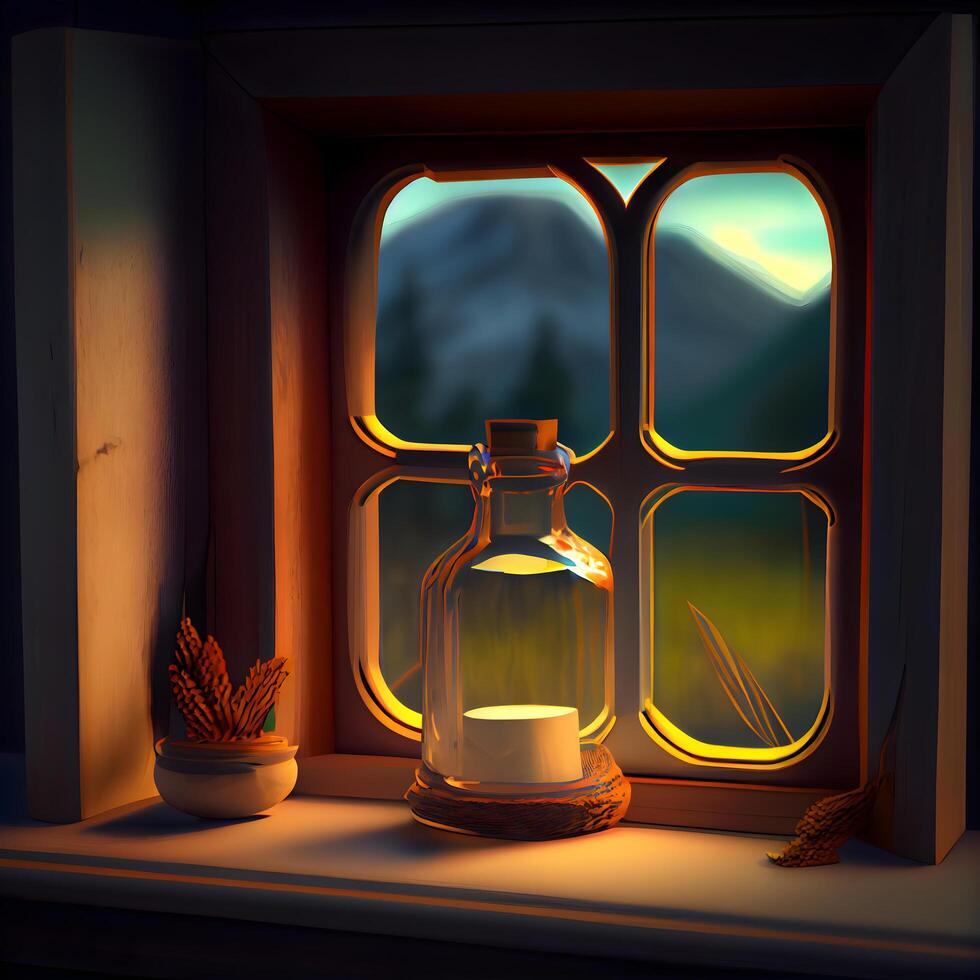Candle in a glass bottle on the windowsill. 3d rendering, Image photo