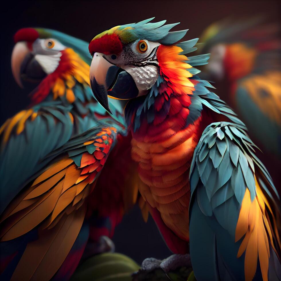 Colorful macaw parrots on black background. 3d rendering, Image photo
