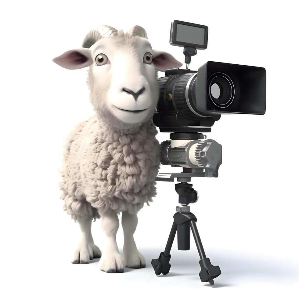 Sheep with a camera on a tripod. Isolated on white background, Image photo