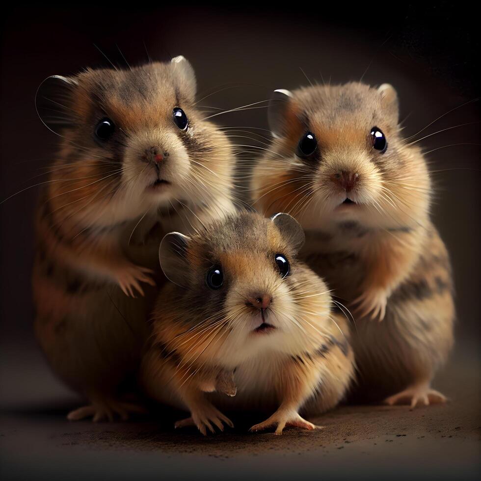 Three funny hamsters on a dark background. Close-up., Image photo