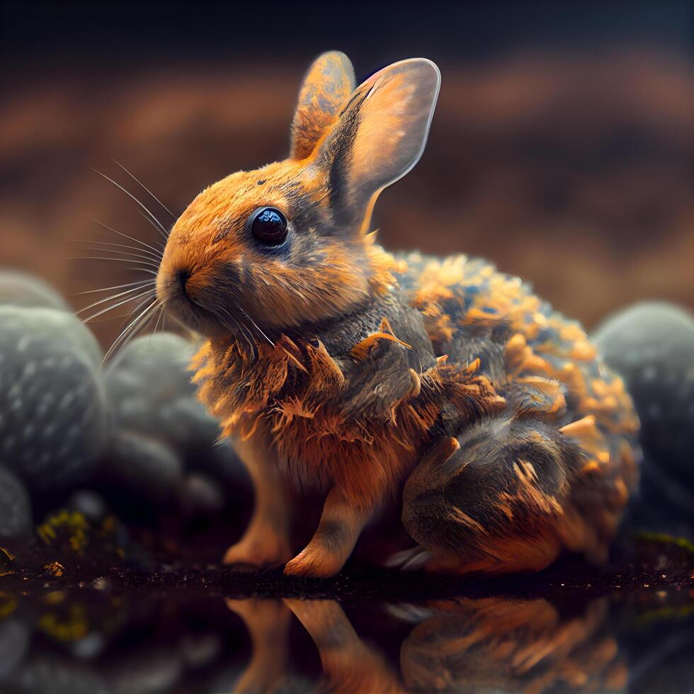 3D rendering of a little rabbit on a dark background with reflection, Image photo