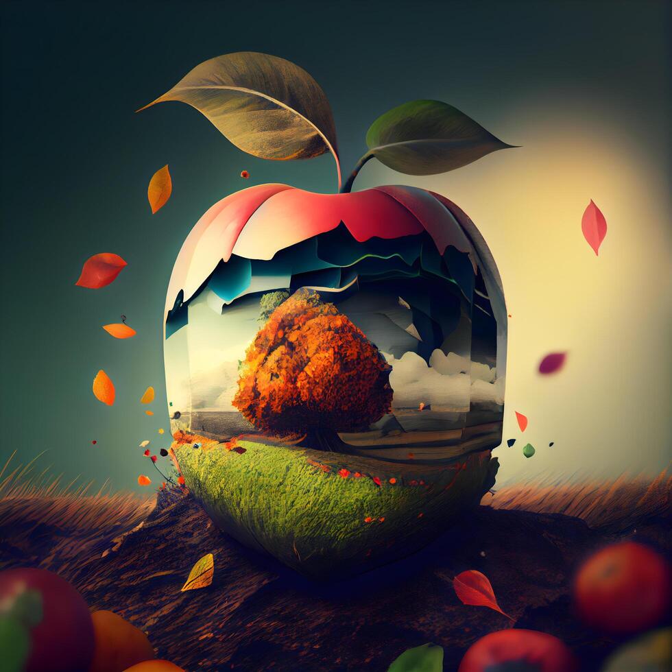Fantasy landscape in the form of an apple with autumn leaves., Image photo