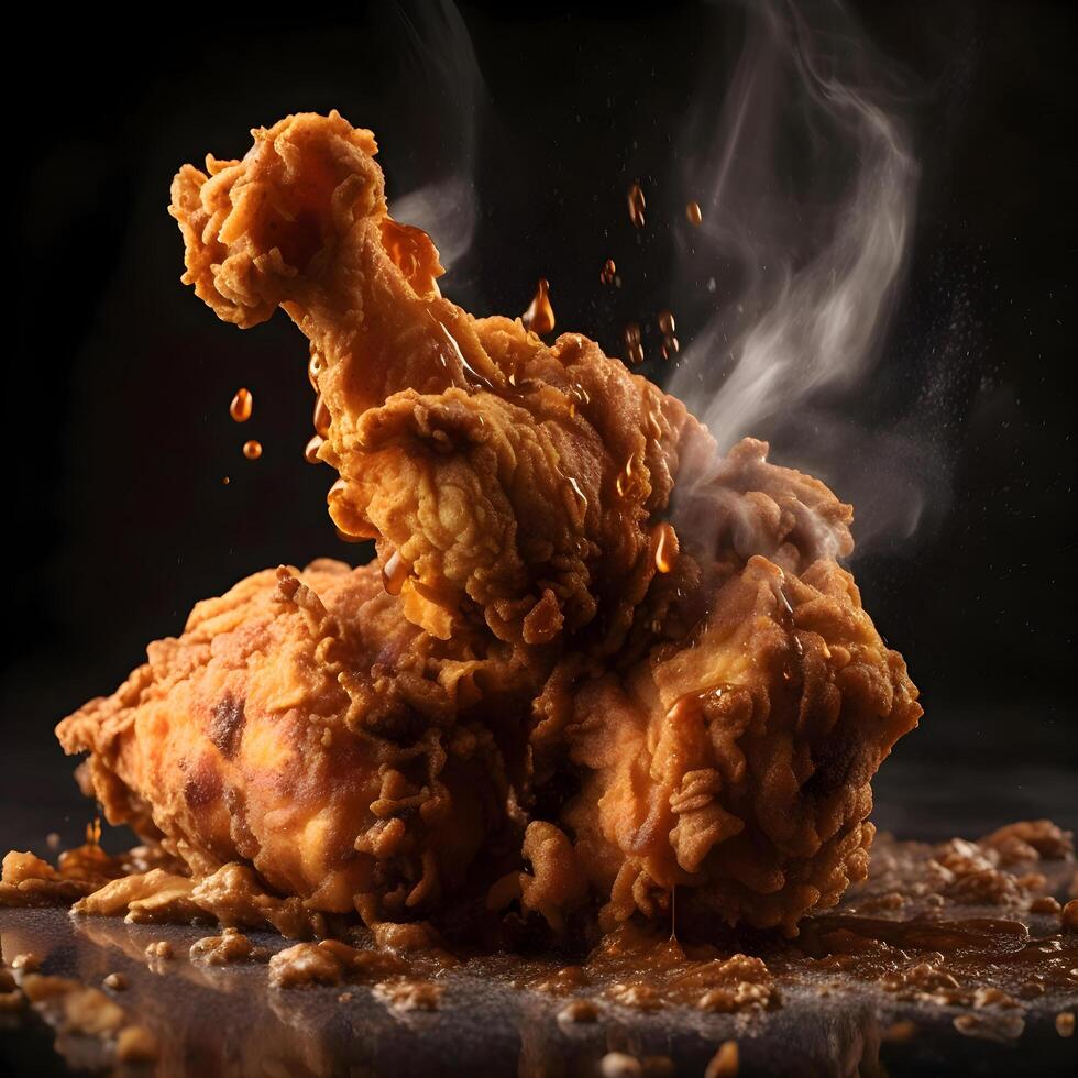 Fried chicken with smoke on a black background. Close-up., Image photo