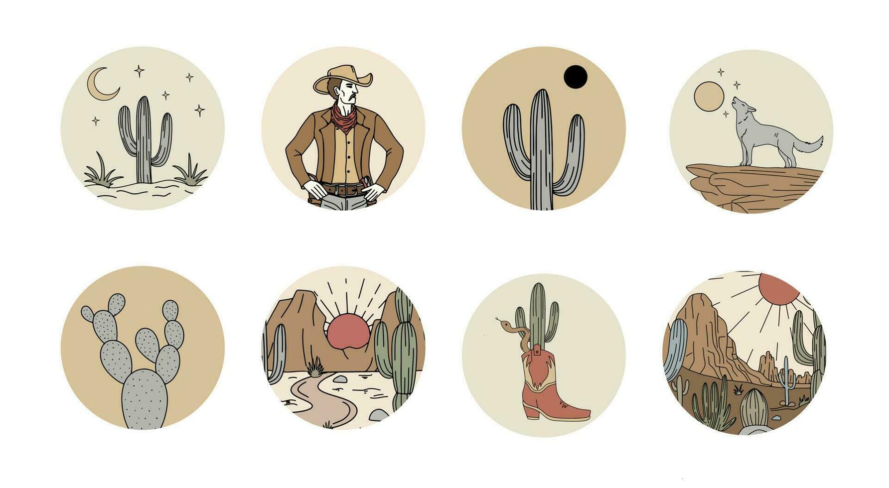 Wild west icon set, retro cartoon vector social media highlight covers.