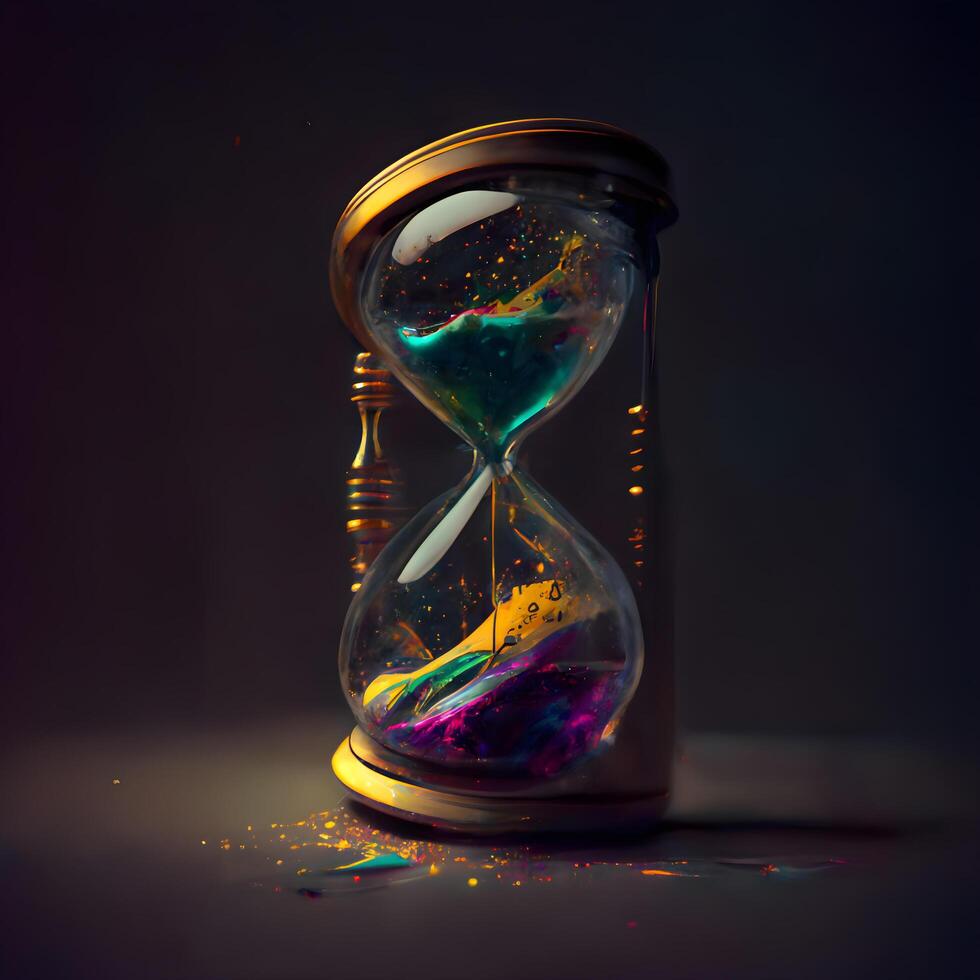 Colorful hourglass with flowing sand on a dark background. Time concept, Image photo