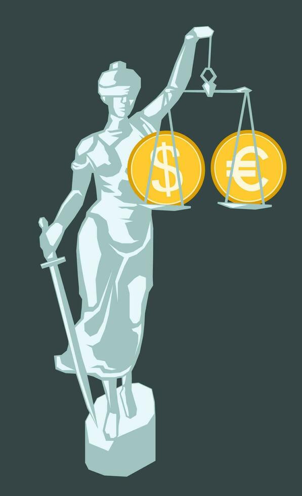 Currency on the scales of Themis. US dollar and euro euro equality symbol, exchange rate equalization concept. Vector illustration