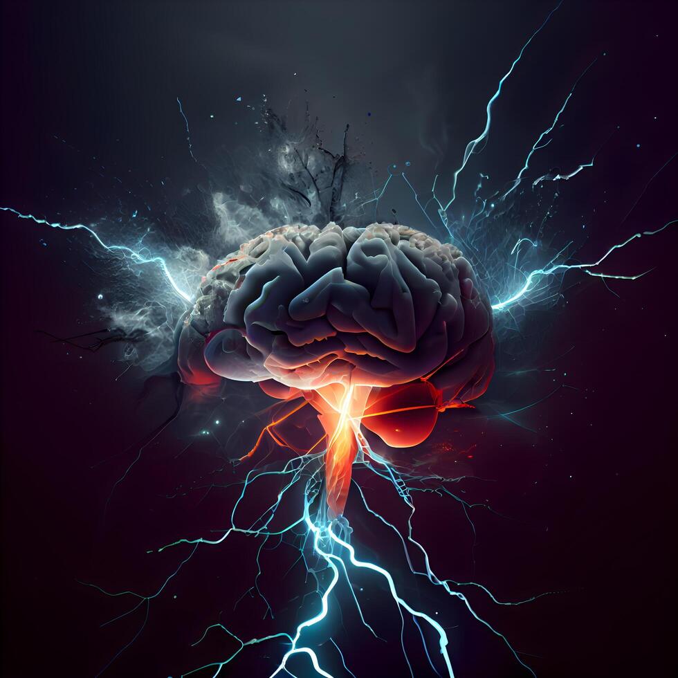 Human brain and electric lightning on dark background. 3D illustration., Image photo