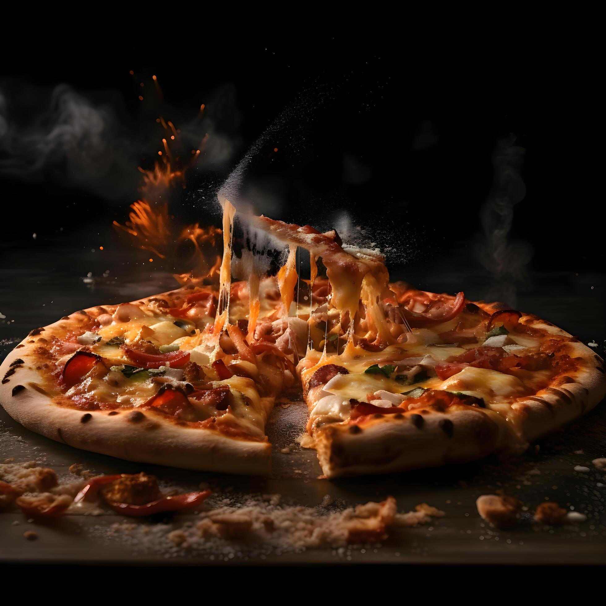 pizza on a black background with a lot of smoke and flames, Ai