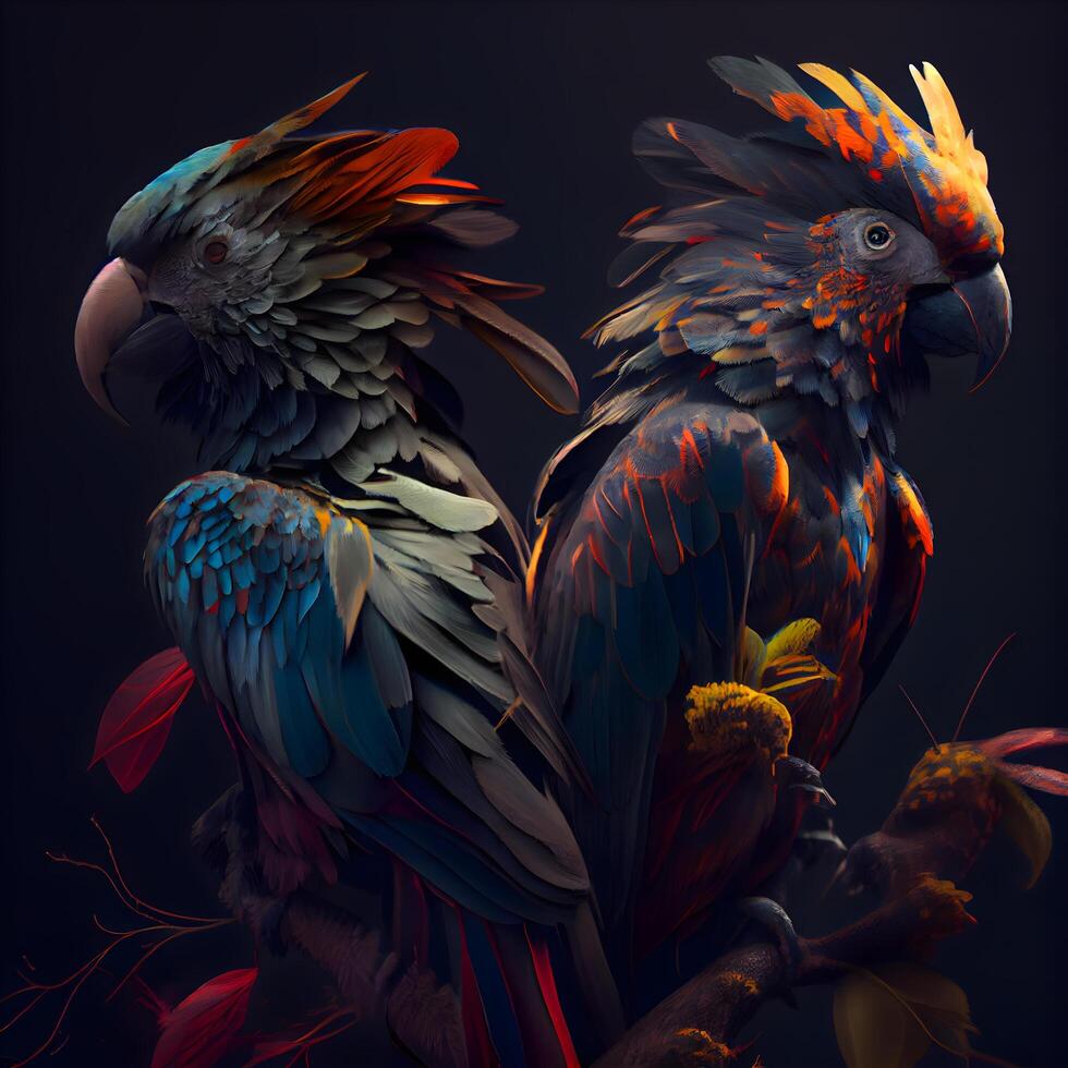 Two macaw parrots on a dark background. 3d render, Image photo