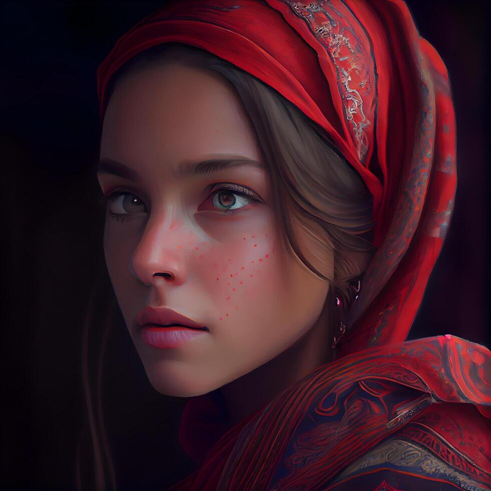 Portrait of a beautiful girl with red shawl on her head., Image photo